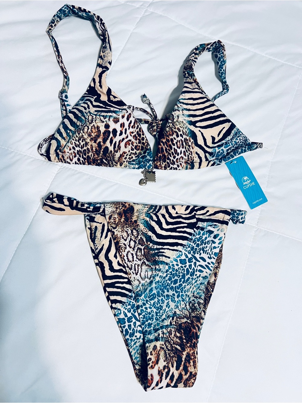 Cupshe Teal Blue and Tan Animal Print Triangle Bikini